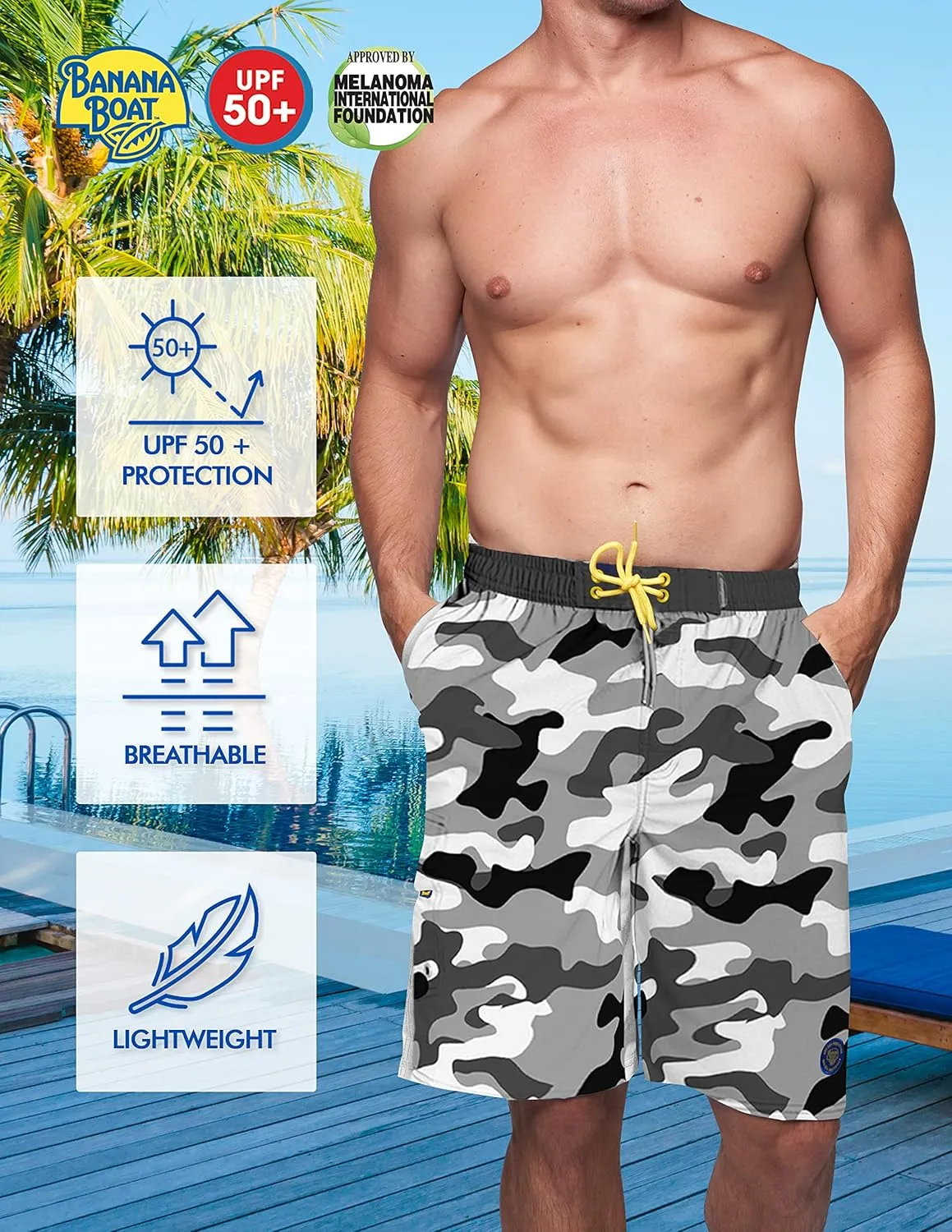 Banana Boat Men's Four-Way Stretch Performance Quick Dry Board Shorts with UPF 50  Sun Protection
