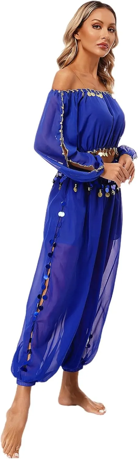 Belly Dance Costume for Women 2Pcs Dancing Outfits Crop Top Harem Pants with Built-in Shorts