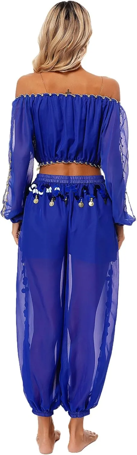 Belly Dance Costume for Women 2Pcs Dancing Outfits Crop Top Harem Pants with Built-in Shorts
