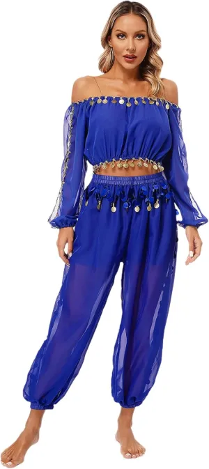 Belly Dance Costume for Women 2Pcs Dancing Outfits Crop Top Harem Pants with Built-in Shorts