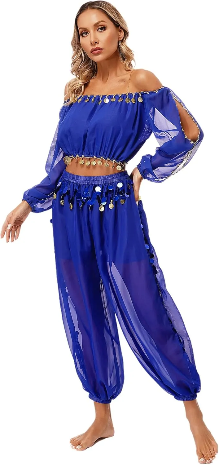 Belly Dance Costume for Women 2Pcs Dancing Outfits Crop Top Harem Pants with Built-in Shorts
