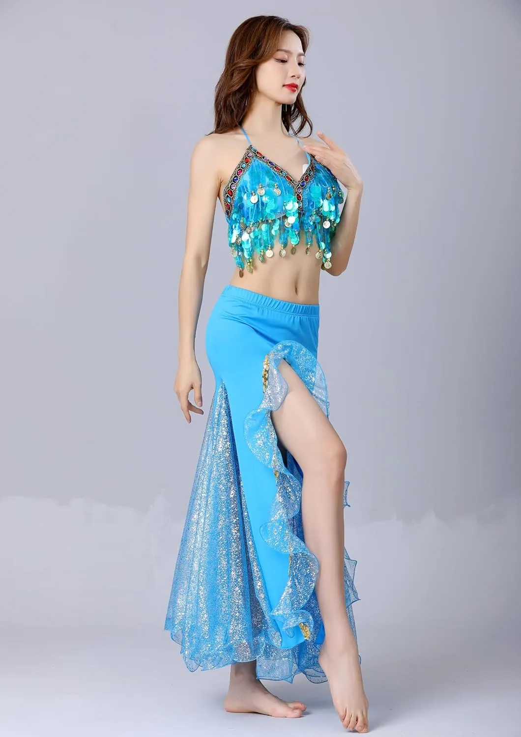 Belly Dance Skirt, Sequin Slit Dance Costume Outfit, Wrap Hip Skirts, Stage Performance Competition Skirt