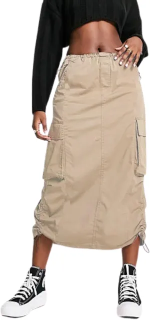 BLUEMING Women Y2k Cargo Long Skirt Low Waist Drawstring Maxi Skirt Ruched Vintage Slit Cargo Skirt with Pockets
