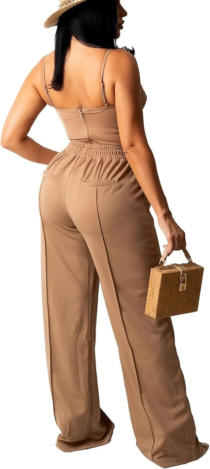 Bluewolfsea Women Sexy 2 Piece Outfits Jumpsuit Summer Sleeveless Cami Crop Top Wide Leg Long Pants Set