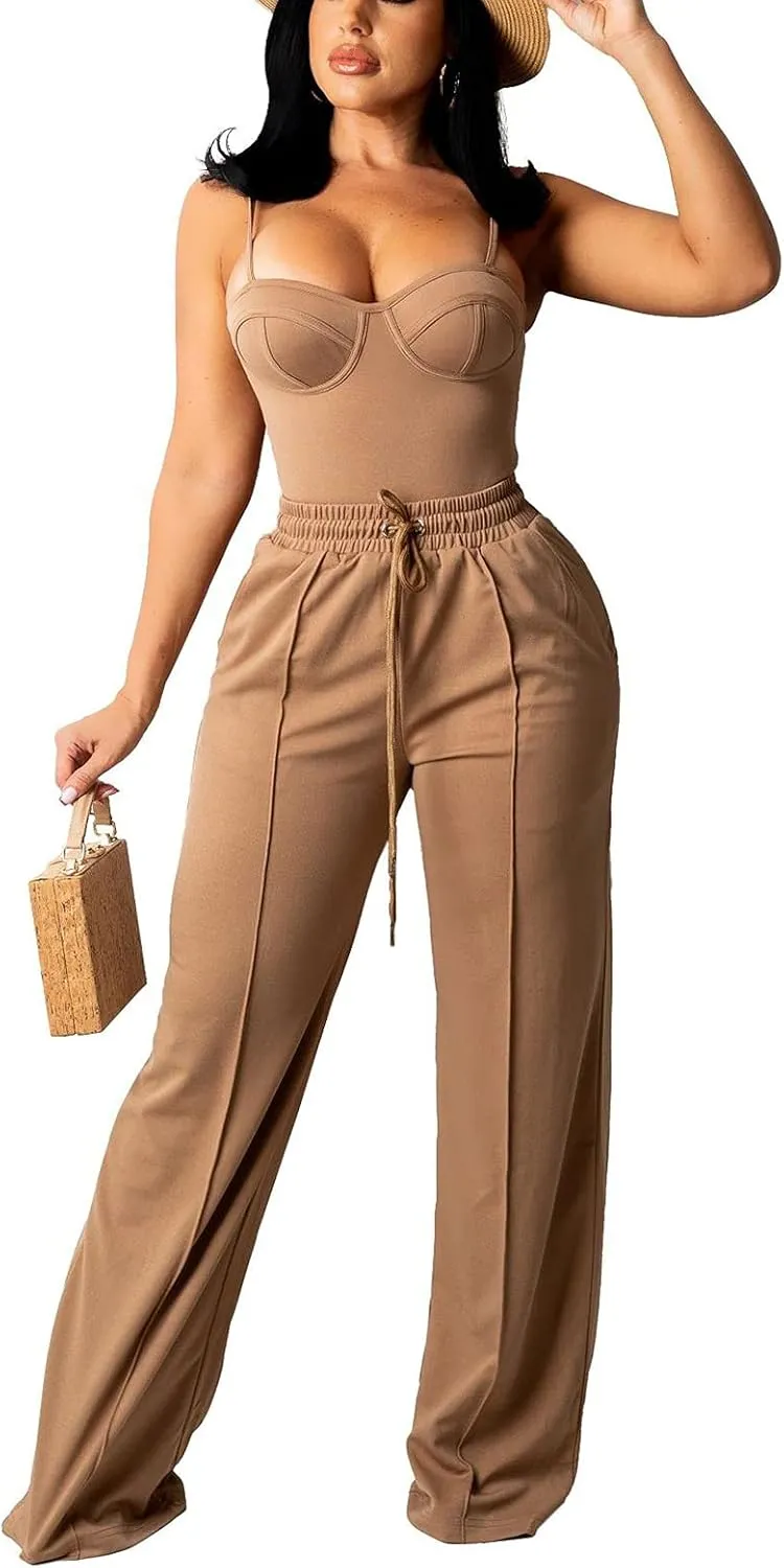 Bluewolfsea Women Sexy 2 Piece Outfits Jumpsuit Summer Sleeveless Cami Crop Top Wide Leg Long Pants Set