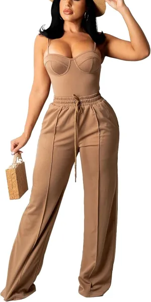 Bluewolfsea Women Sexy 2 Piece Outfits Jumpsuit Summer Sleeveless Cami Crop Top Wide Leg Long Pants Set