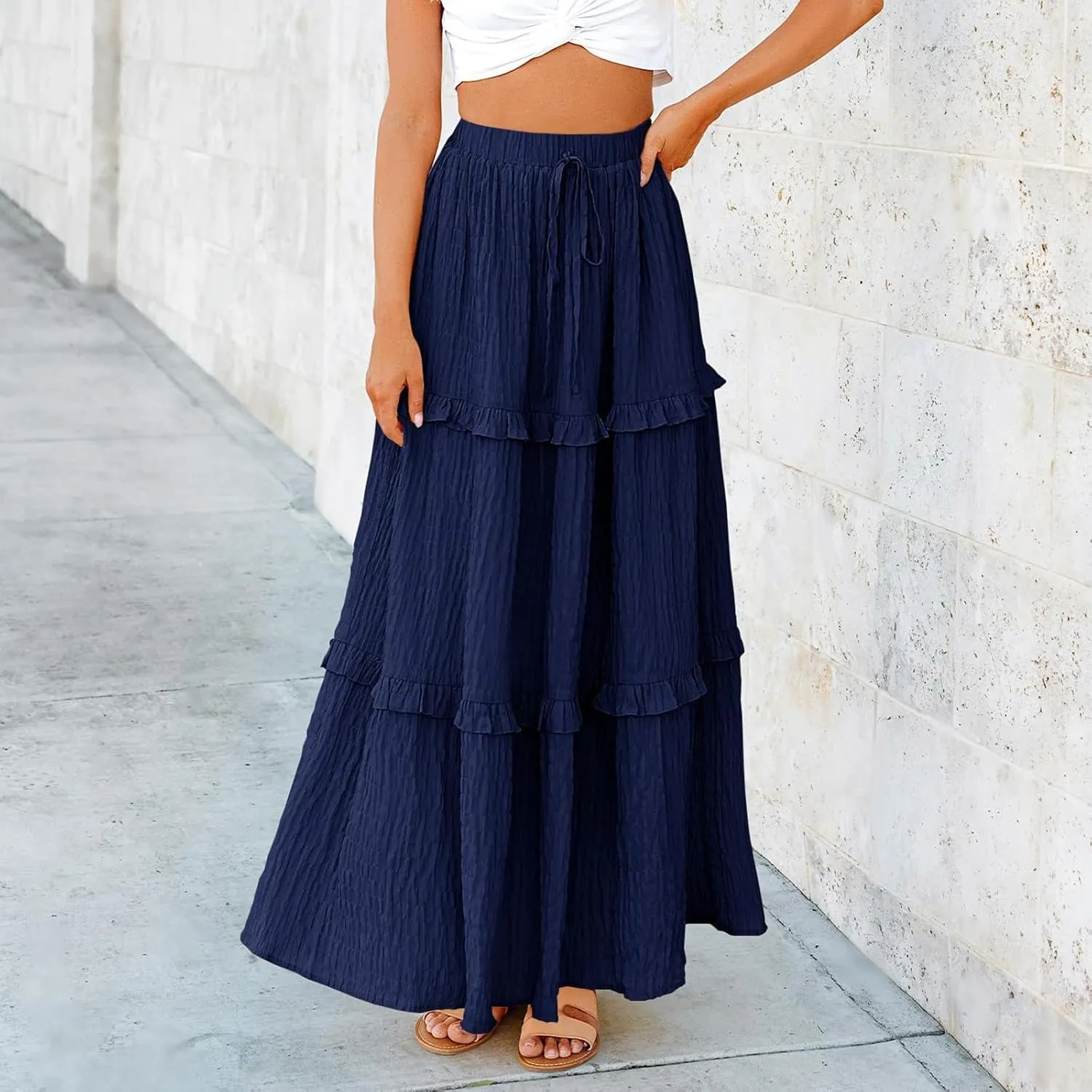 Boho Maxi Skirts for Women Casual Drawstring Elastic High Waisted Flowy Swing A-Line Tiered Pleated Skirt