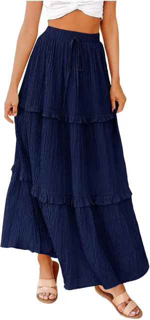 Boho Maxi Skirts for Women Casual Drawstring Elastic High Waisted Flowy Swing A-Line Tiered Pleated Skirt