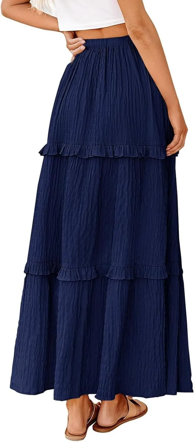 Boho Maxi Skirts for Women Casual Drawstring Elastic High Waisted Flowy Swing A-Line Tiered Pleated Skirt