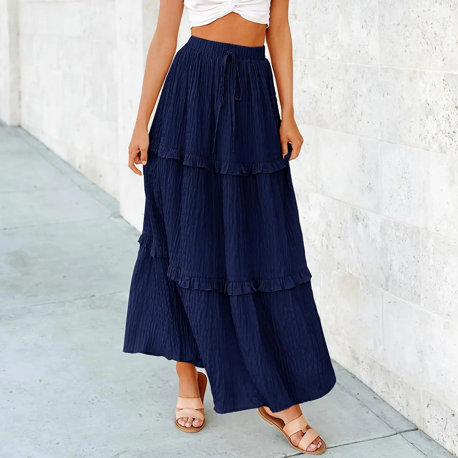 Boho Maxi Skirts for Women Casual Drawstring Elastic High Waisted Flowy Swing A-Line Tiered Pleated Skirt