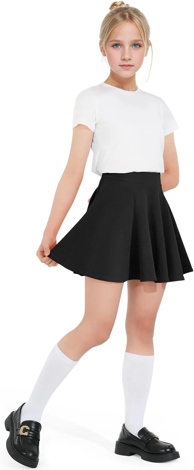 BOOPH Kids Girls Skirt Casual Mini Flare Plain Pleated Stretch Waist Skater Uniform Skirts