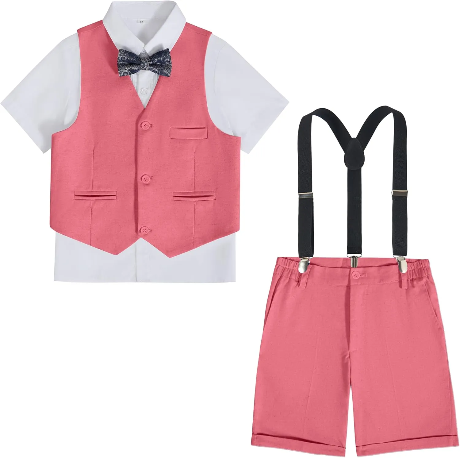 Boys Linen Suit Summer 3 Pieces Slim Fit Kids Suits Beach Wedding Outfit Vest Shorts Shirt Set and Bow Tie