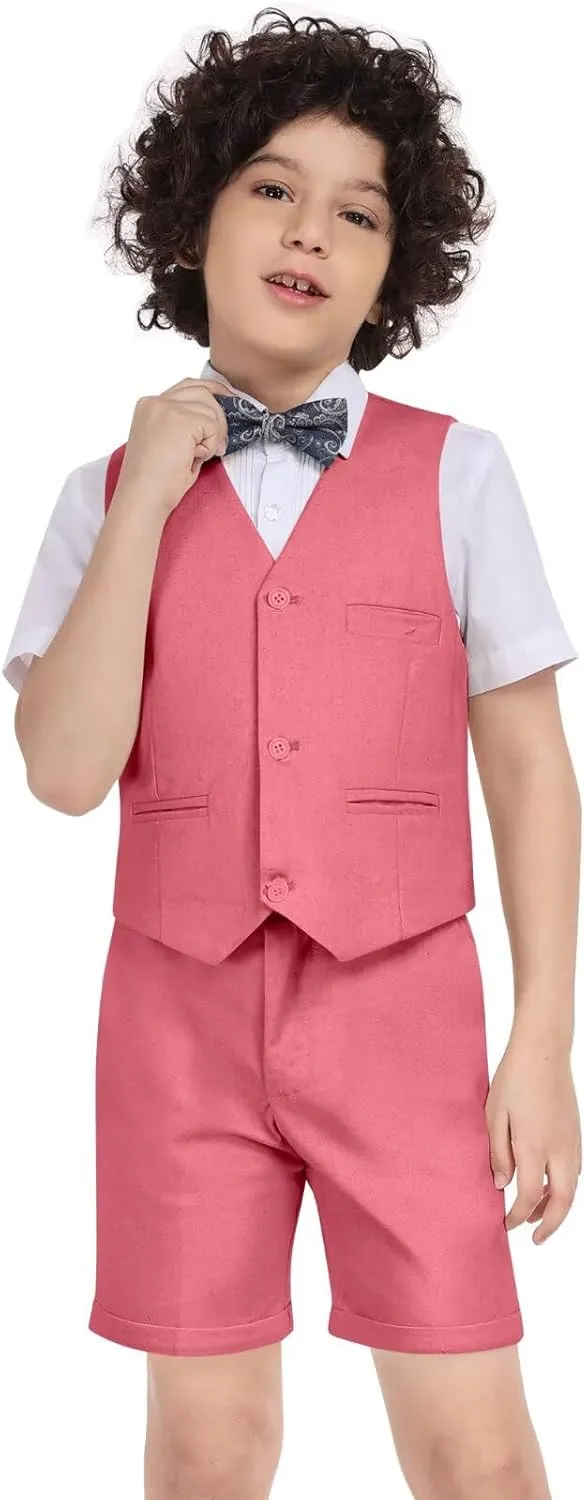 Boys Linen Suit Summer 3 Pieces Slim Fit Kids Suits Beach Wedding Outfit Vest Shorts Shirt Set and Bow Tie