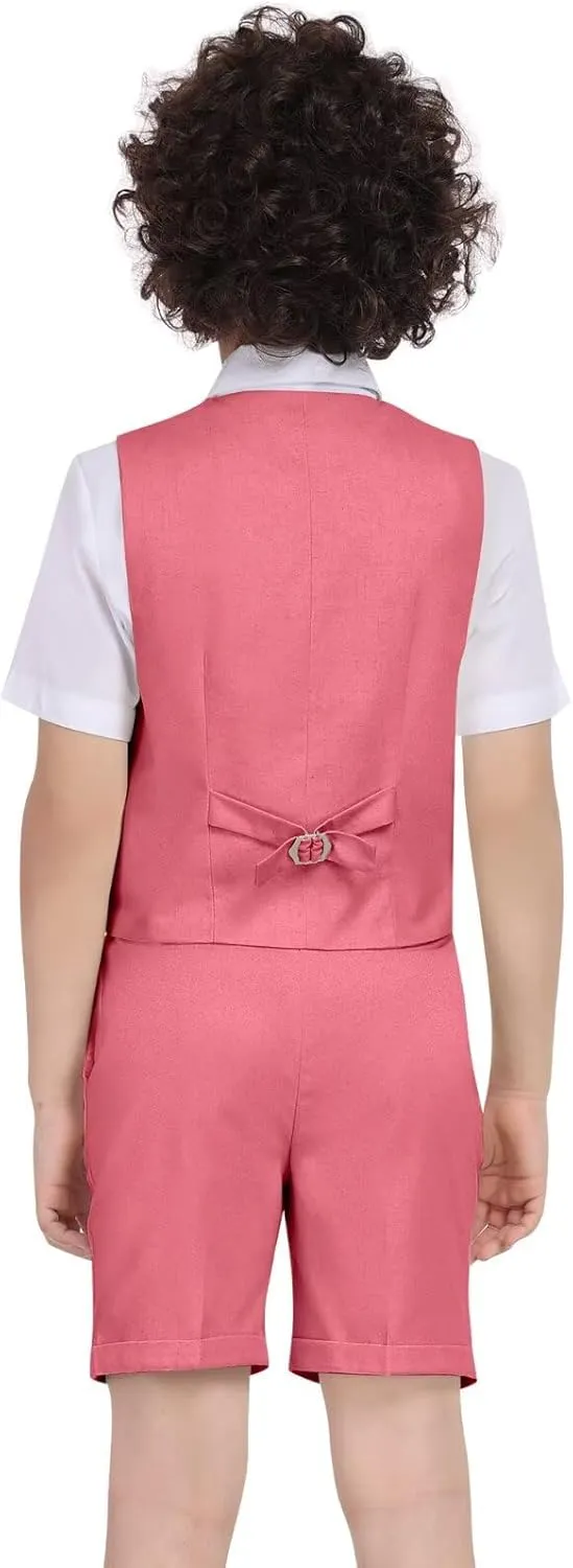 Boys Linen Suit Summer 3 Pieces Slim Fit Kids Suits Beach Wedding Outfit Vest Shorts Shirt Set and Bow Tie