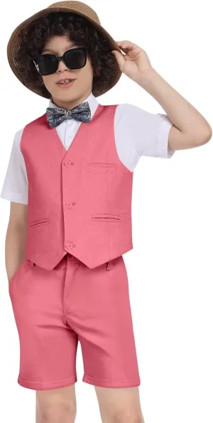 Boys Linen Suit Summer 3 Pieces Slim Fit Kids Suits Beach Wedding Outfit Vest Shorts Shirt Set and Bow Tie