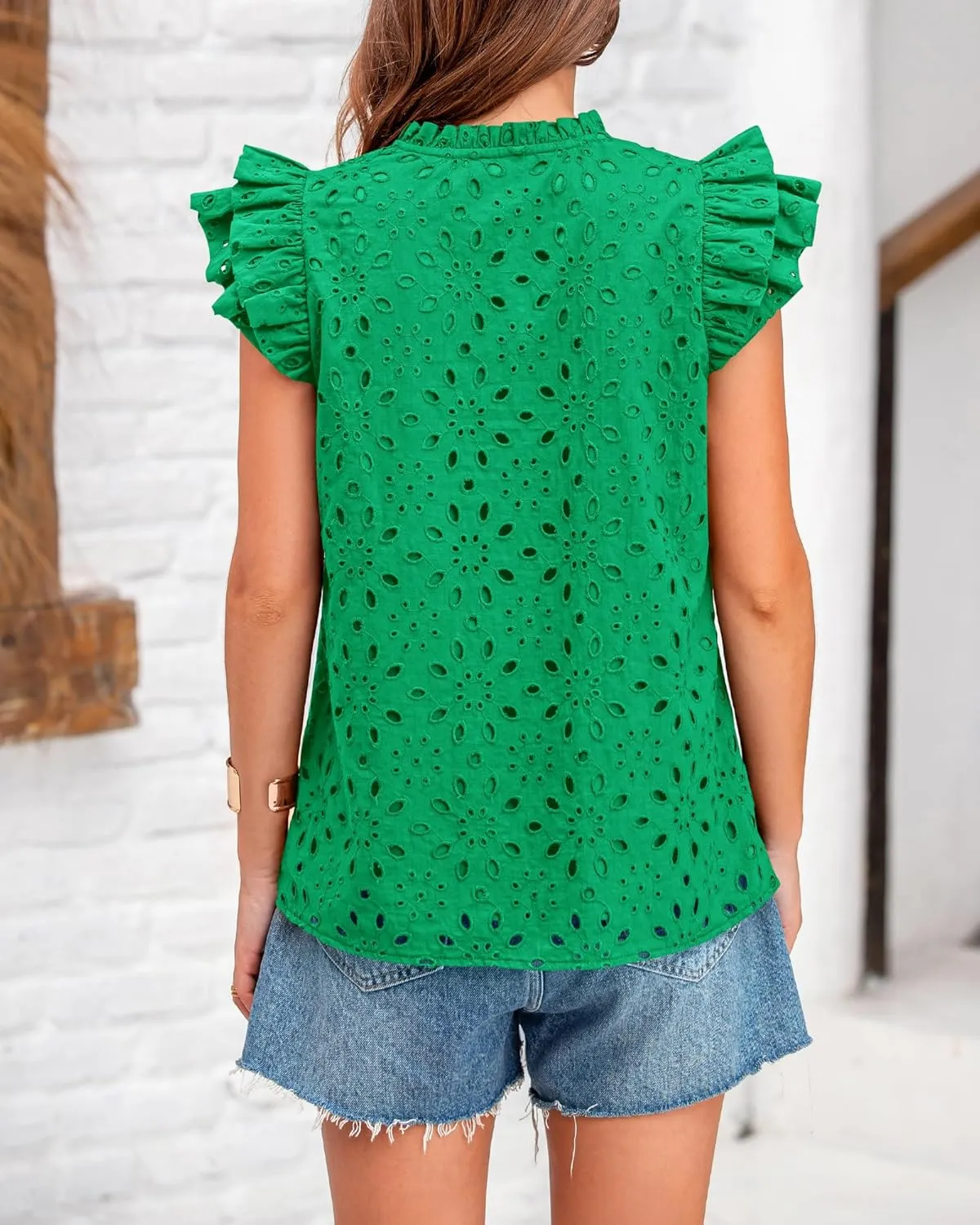 BTFBM Women Summer Eyelet Tops Dressy Casual V Neck Ruffle Cap Sleeve Cotton Boho Shirts Lace Embroidered Blouses 2025