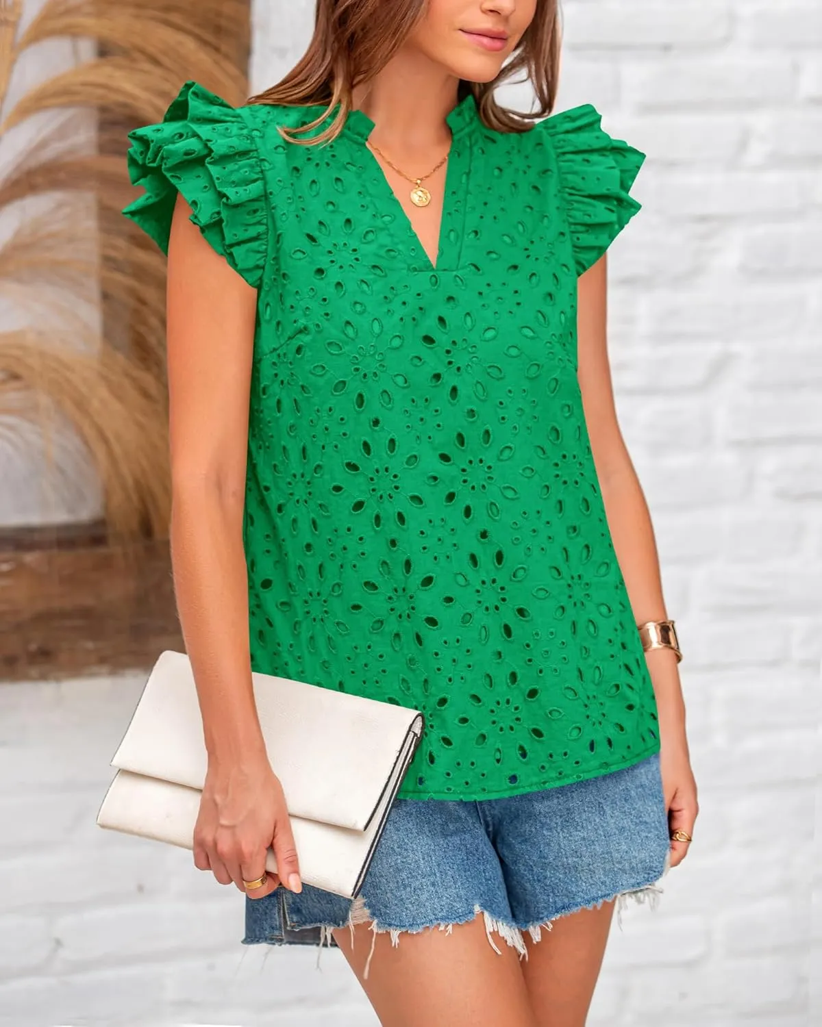 BTFBM Women Summer Eyelet Tops Dressy Casual V Neck Ruffle Cap Sleeve Cotton Boho Shirts Lace Embroidered Blouses 2025