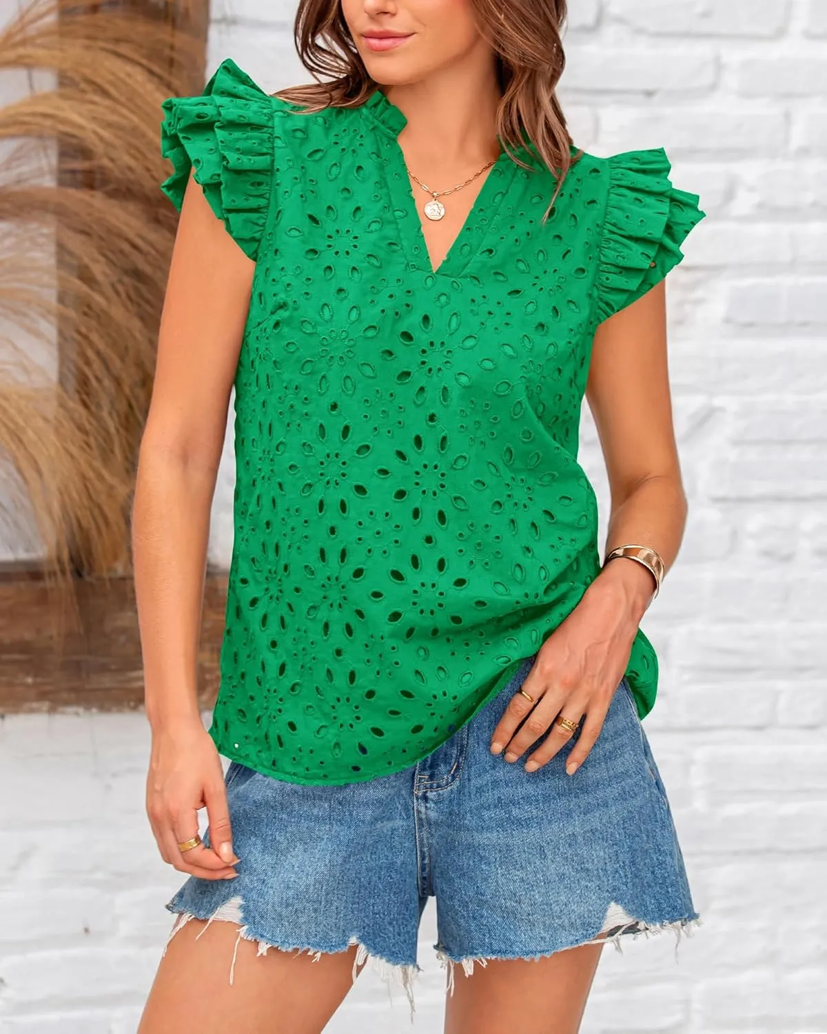 BTFBM Women Summer Eyelet Tops Dressy Casual V Neck Ruffle Cap Sleeve Cotton Boho Shirts Lace Embroidered Blouses 2025