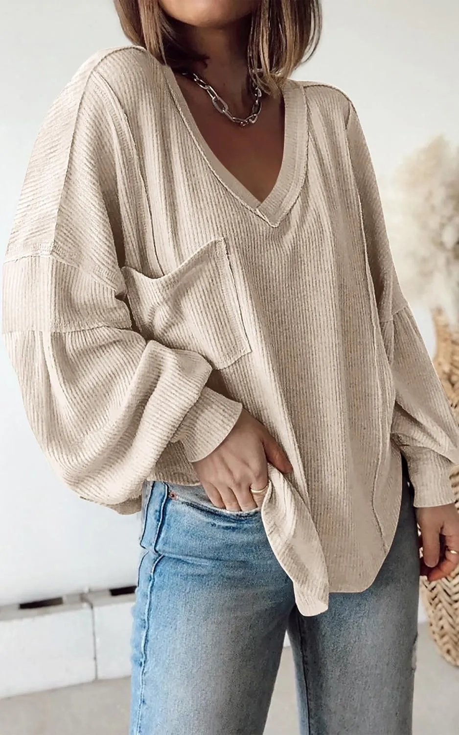 BTFBM Women's Ribbed Long Sleeve Tops 2025 Summer Spring Pullover Knit Casual V Neck Blouses Trendy Loose Fit Tunic Top