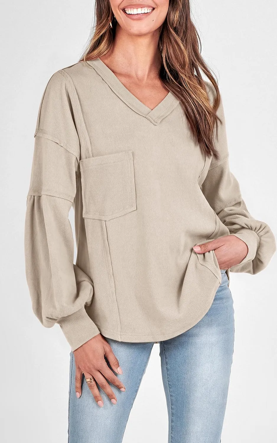 BTFBM Women's Ribbed Long Sleeve Tops 2025 Summer Spring Pullover Knit Casual V Neck Blouses Trendy Loose Fit Tunic Top