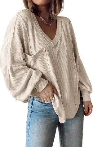 BTFBM Women's Ribbed Long Sleeve Tops 2025 Summer Spring Pullover Knit Casual V Neck Blouses Trendy Loose Fit Tunic Top