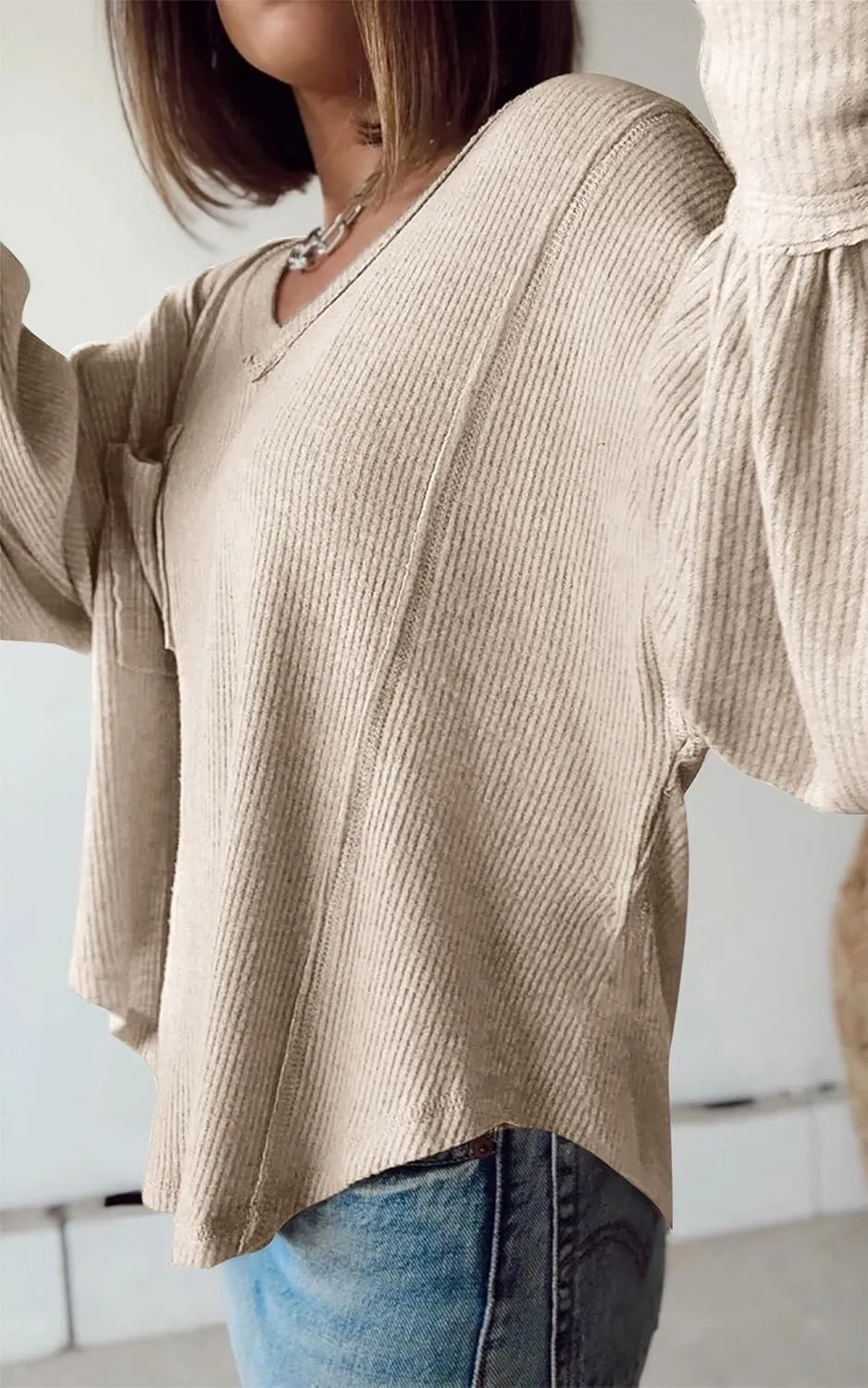 BTFBM Women's Ribbed Long Sleeve Tops 2025 Summer Spring Pullover Knit Casual V Neck Blouses Trendy Loose Fit Tunic Top