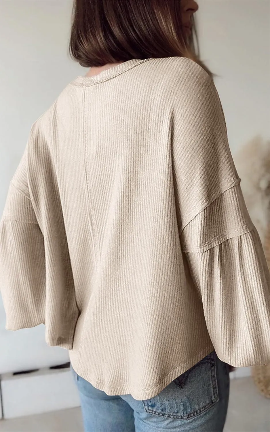 BTFBM Women's Ribbed Long Sleeve Tops 2025 Summer Spring Pullover Knit Casual V Neck Blouses Trendy Loose Fit Tunic Top