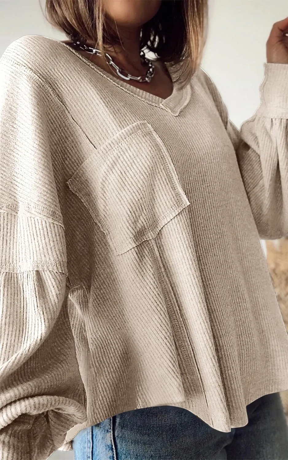 BTFBM Women's Ribbed Long Sleeve Tops 2025 Summer Spring Pullover Knit Casual V Neck Blouses Trendy Loose Fit Tunic Top