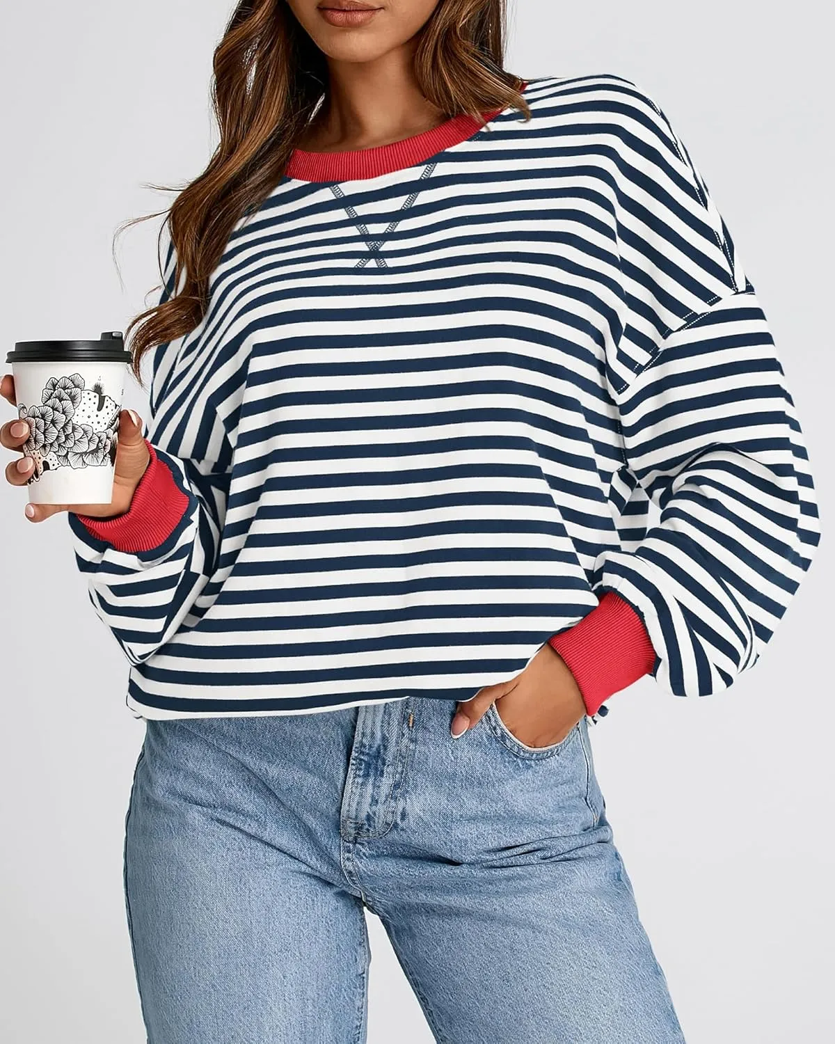 BTFBM Womens Striped Pullover Tops Spring Fall Clothes 2025 Long Sleeve Shirts Trendy Crew Neck Loose Y2K Sweatshirts