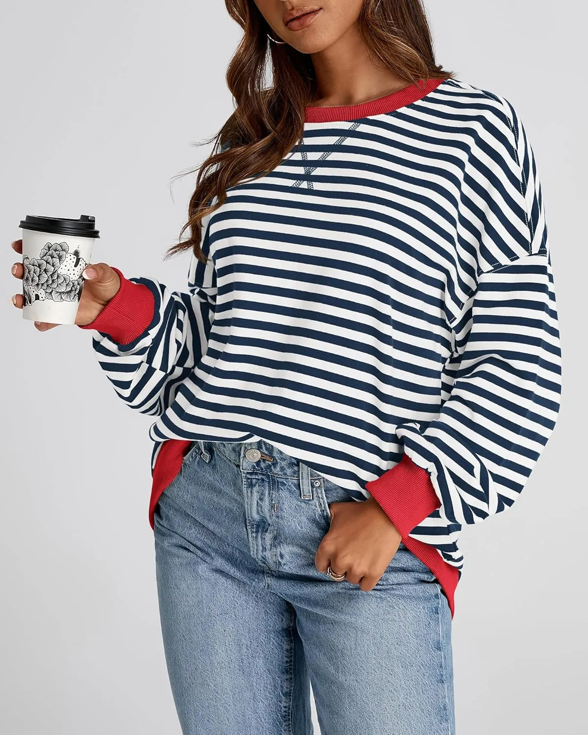 BTFBM Womens Striped Pullover Tops Spring Fall Clothes 2025 Long Sleeve Shirts Trendy Crew Neck Loose Y2K Sweatshirts