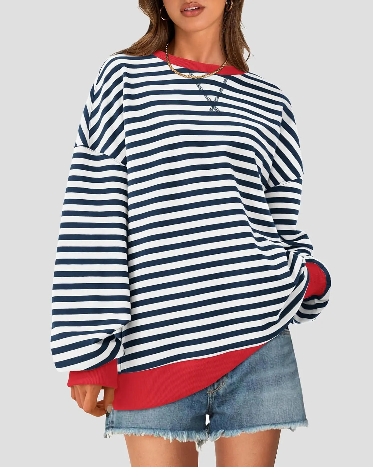 BTFBM Womens Striped Pullover Tops Spring Fall Clothes 2025 Long Sleeve Shirts Trendy Crew Neck Loose Y2K Sweatshirts