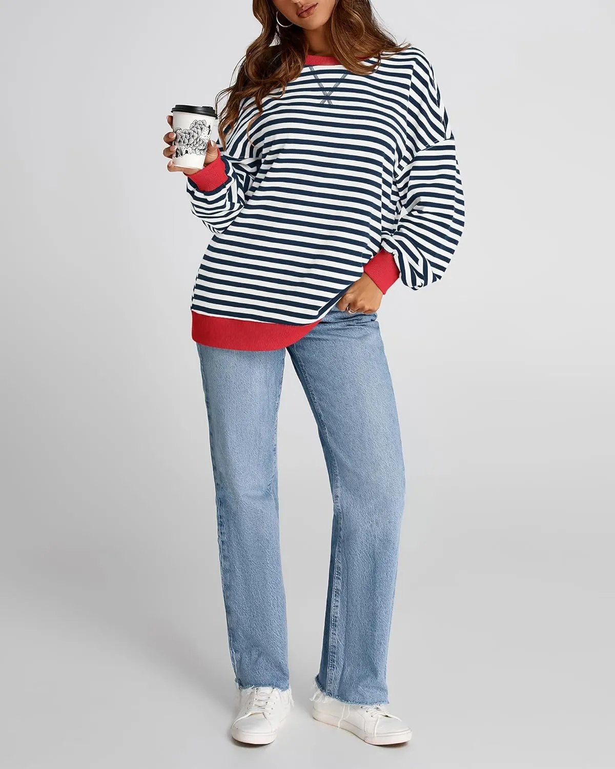 BTFBM Womens Striped Pullover Tops Spring Fall Clothes 2025 Long Sleeve Shirts Trendy Crew Neck Loose Y2K Sweatshirts