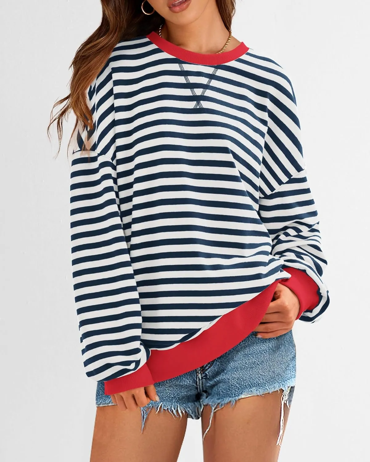 BTFBM Womens Striped Pullover Tops Spring Fall Clothes 2025 Long Sleeve Shirts Trendy Crew Neck Loose Y2K Sweatshirts
