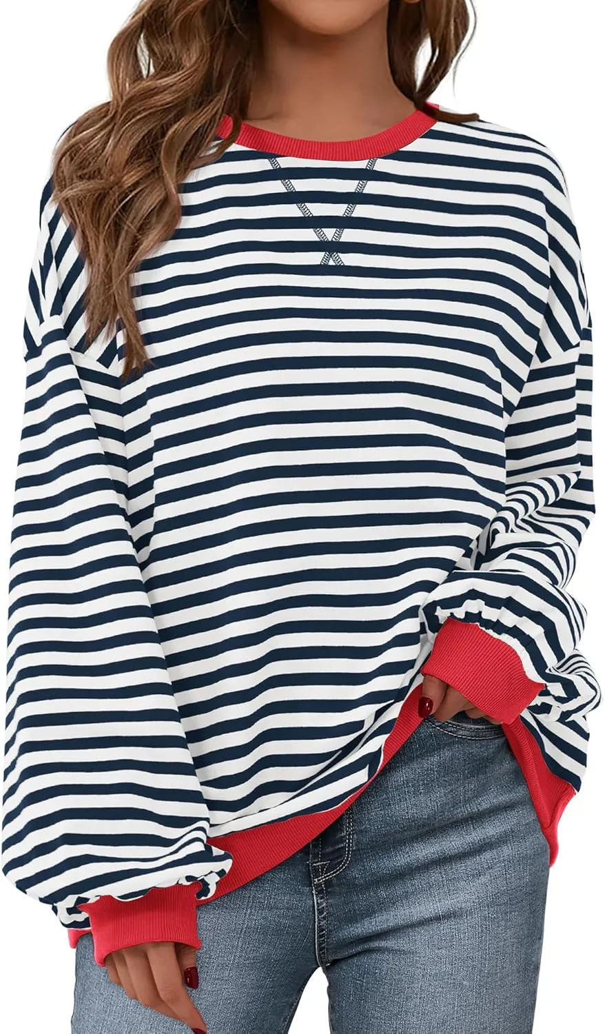 BTFBM Womens Striped Pullover Tops Spring Fall Clothes 2025 Long Sleeve Shirts Trendy Crew Neck Loose Y2K Sweatshirts