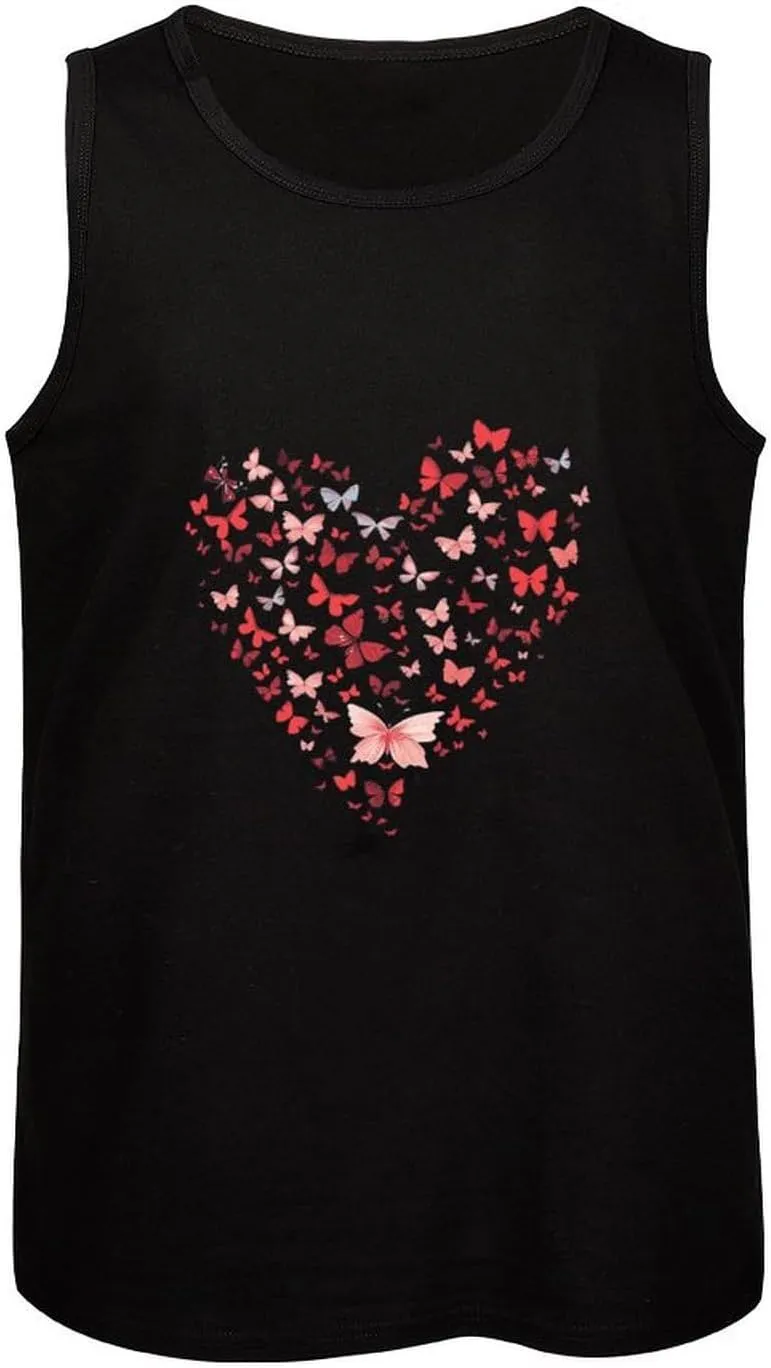 Butterfly Heart Mens Tank Top Cotton Undershirt Crewneck Sleeveless Shirt for Summer
