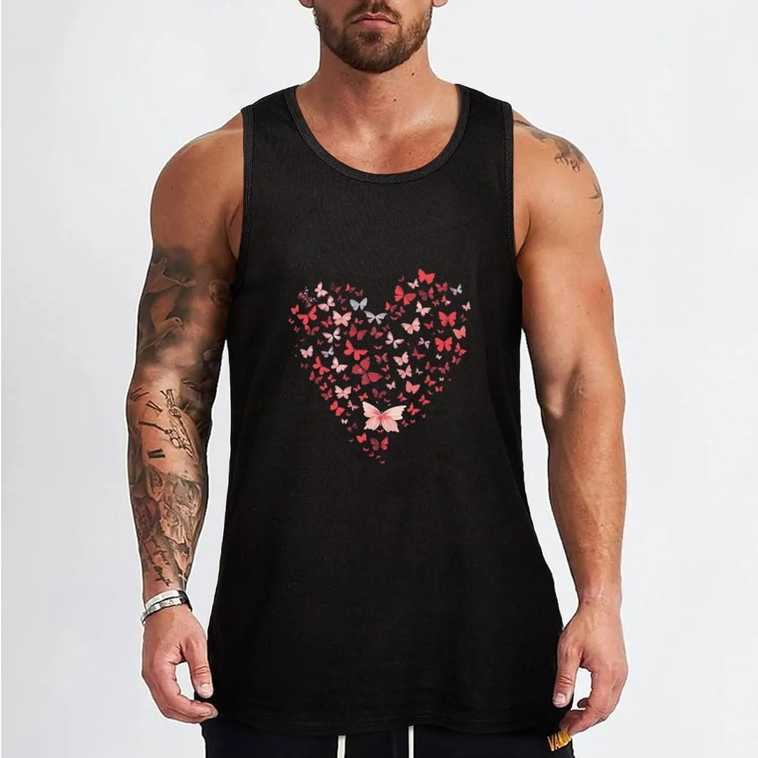 Butterfly Heart Mens Tank Top Cotton Undershirt Crewneck Sleeveless Shirt for Summer