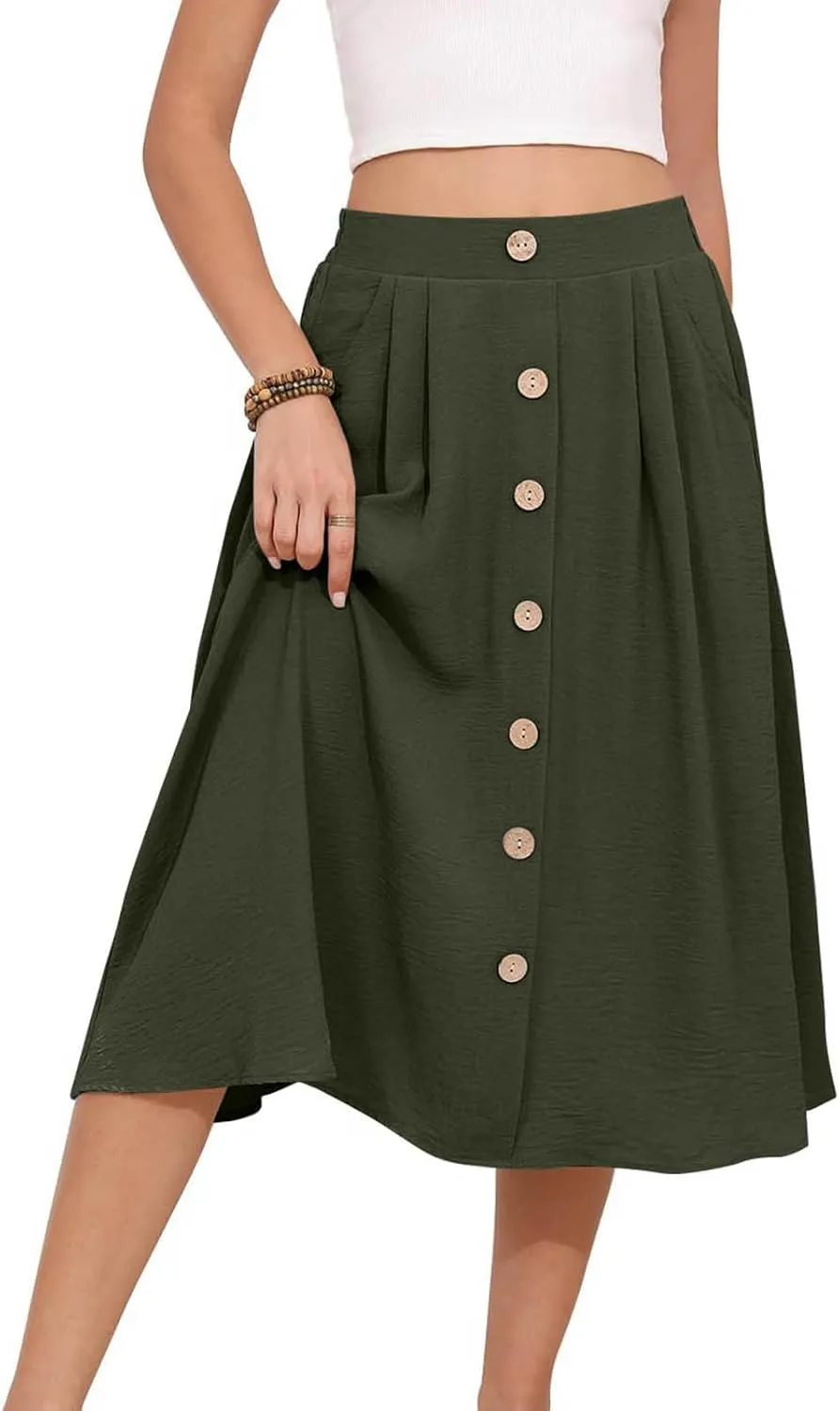 Button Down Skirt for Women Casual High Elastic Waist Pleated Linen A Line Skirts Summer Solid Swing Short Skirt