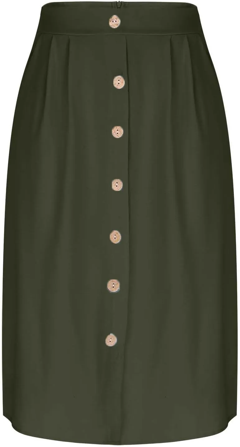 Button Down Skirt for Women Casual High Elastic Waist Pleated Linen A Line Skirts Summer Solid Swing Short Skirt
