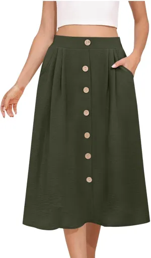 Button Down Skirt for Women Casual High Elastic Waist Pleated Linen A Line Skirts Summer Solid Swing Short Skirt