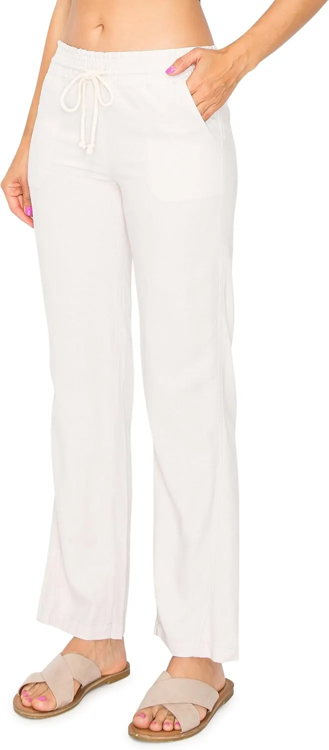 Cali1850 Women's Casual Linen Pants - 29", 32" Oceanside Drawstring Smocked Waist Beach Lounge Trousers with Pockets