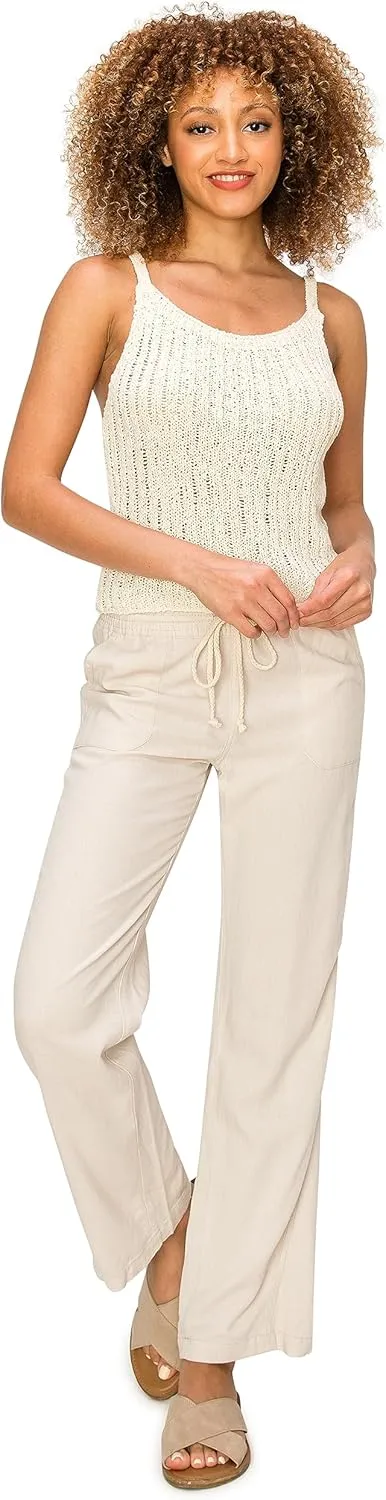 Cali1850 Women's Casual Linen Pants - 29", 32" Oceanside Drawstring Smocked Waist Beach Lounge Trousers with Pockets