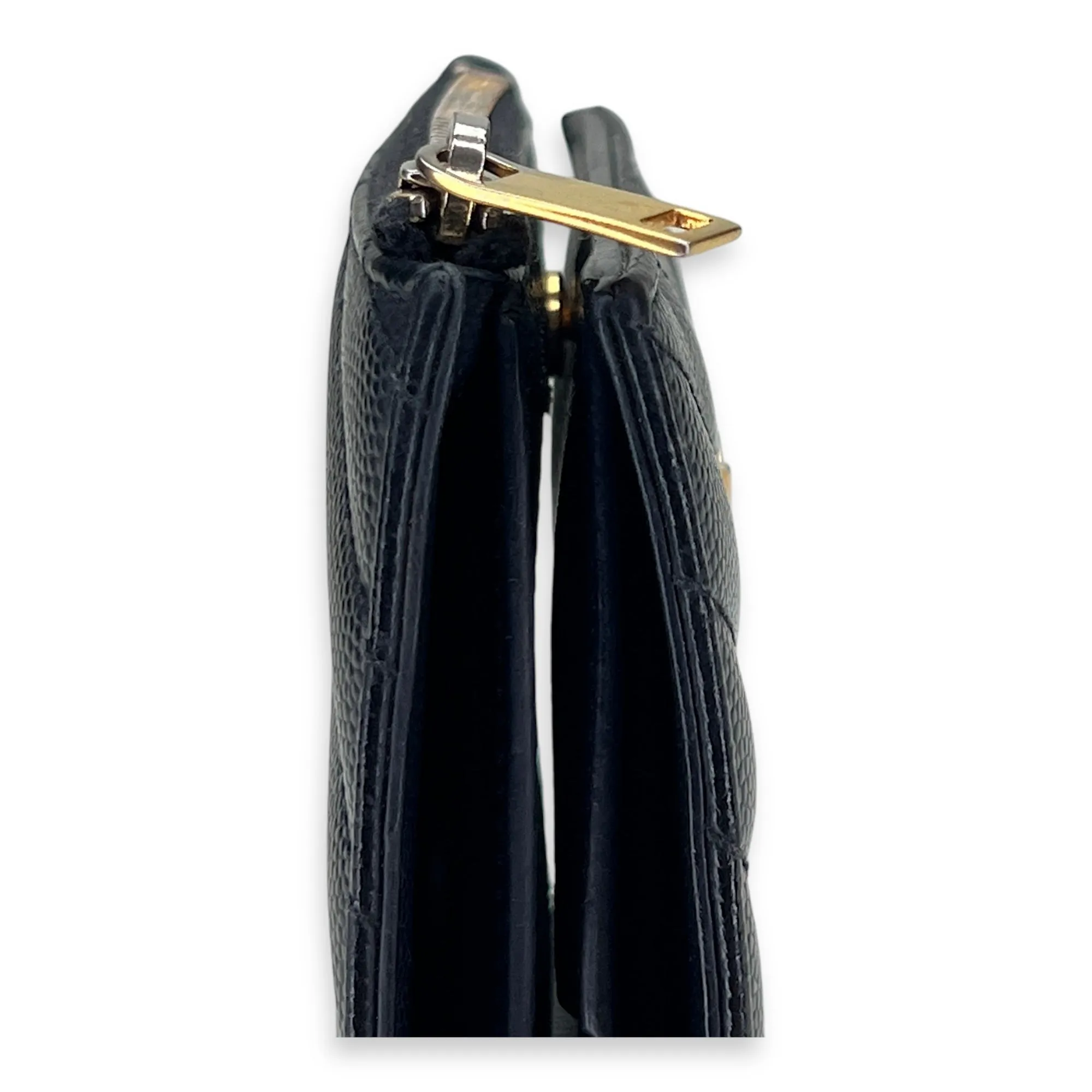 Cassandre Bi-fold Compact Zip Black Wallet in Caviar Leather, Gold hardware