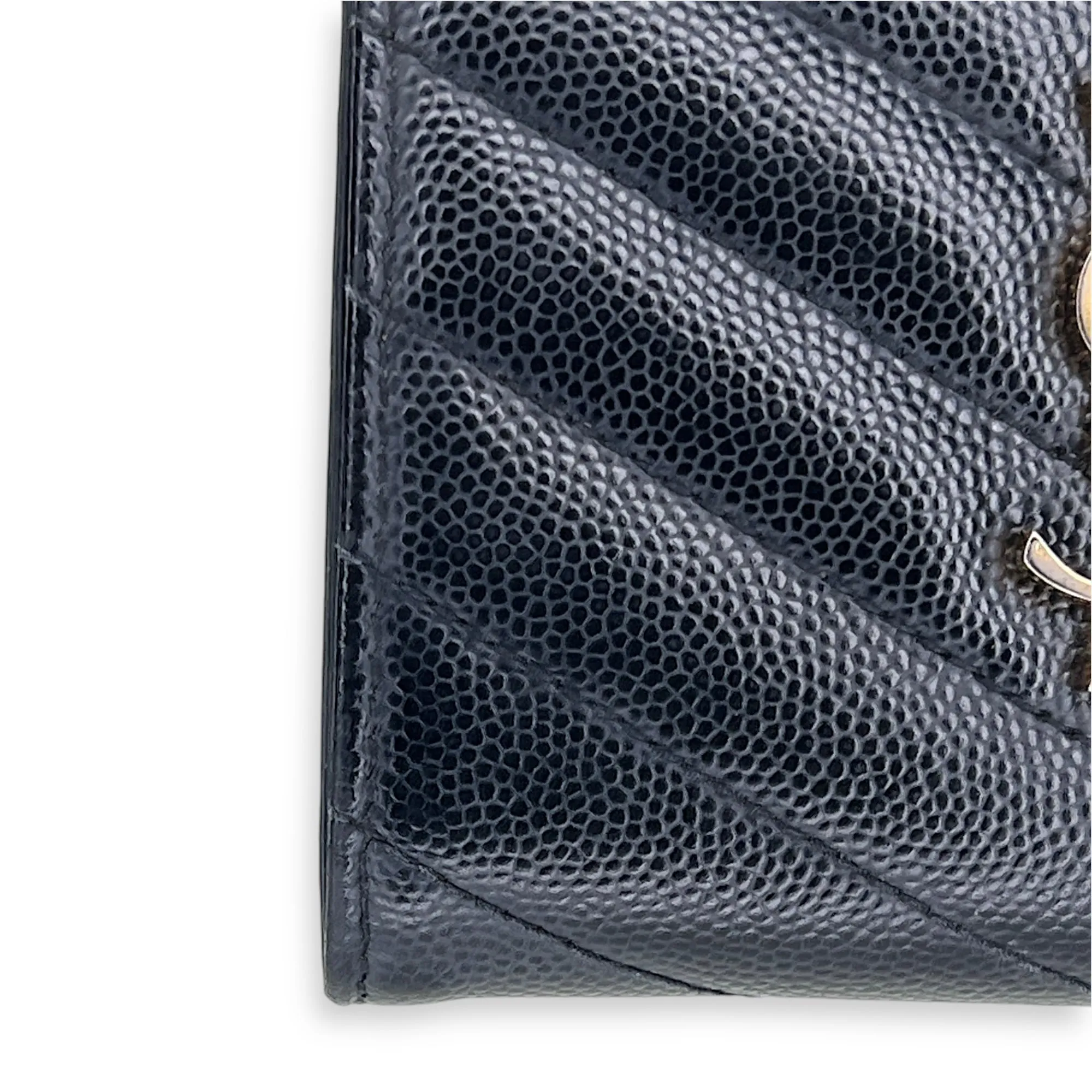 Cassandre Bi-fold Compact Zip Black Wallet in Caviar Leather, Gold hardware