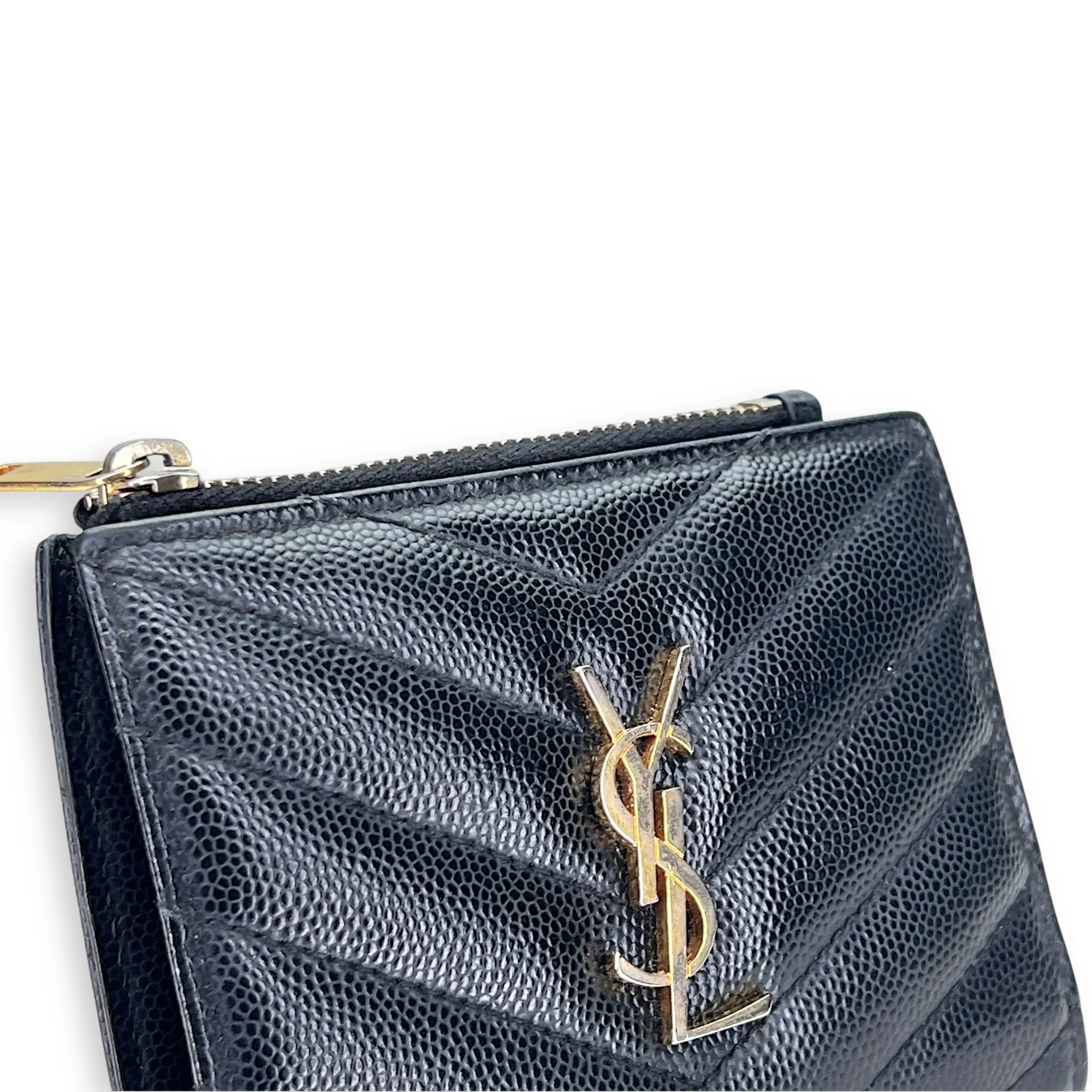 Cassandre Bi-fold Compact Zip Black Wallet in Caviar Leather, Gold hardware