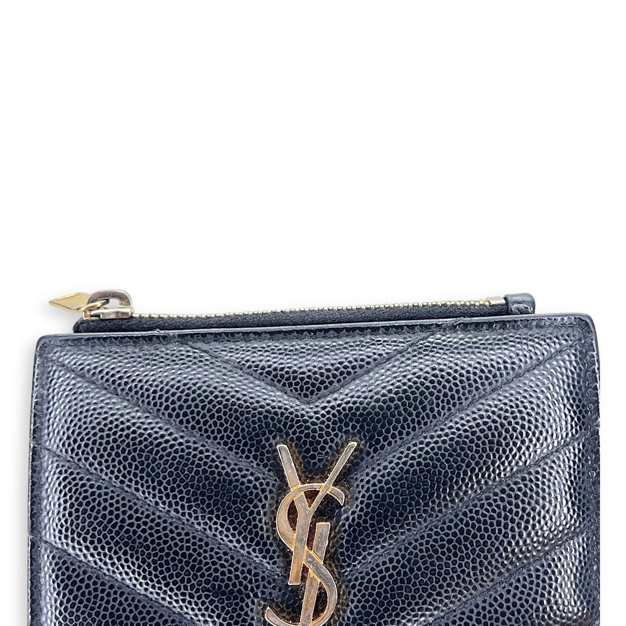 Cassandre Bi-fold Compact Zip Black Wallet in Caviar Leather, Gold hardware