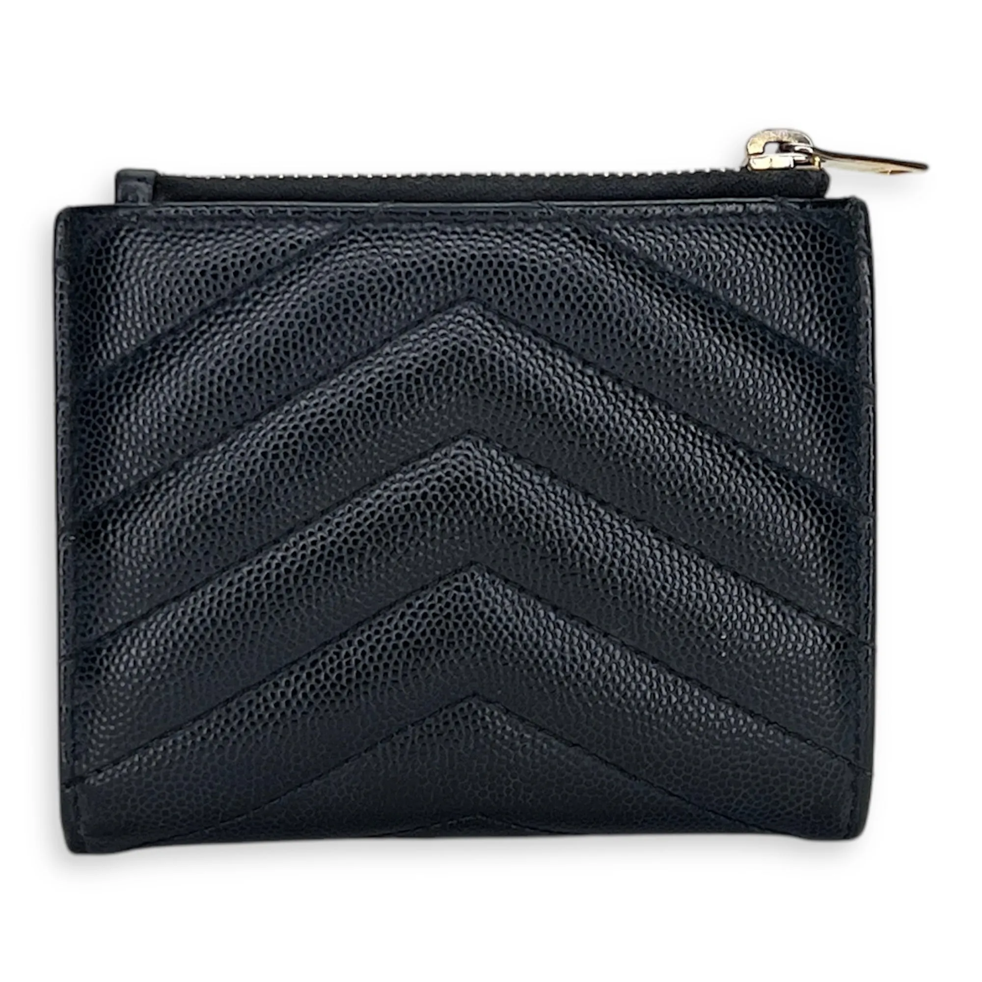 Cassandre Bi-fold Compact Zip Black Wallet in Caviar Leather, Gold hardware