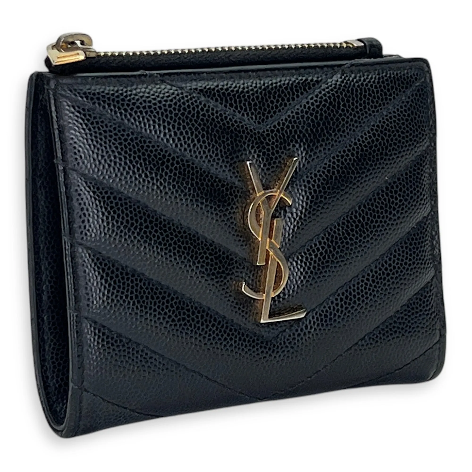 Cassandre Bi-fold Compact Zip Black Wallet in Caviar Leather, Gold hardware