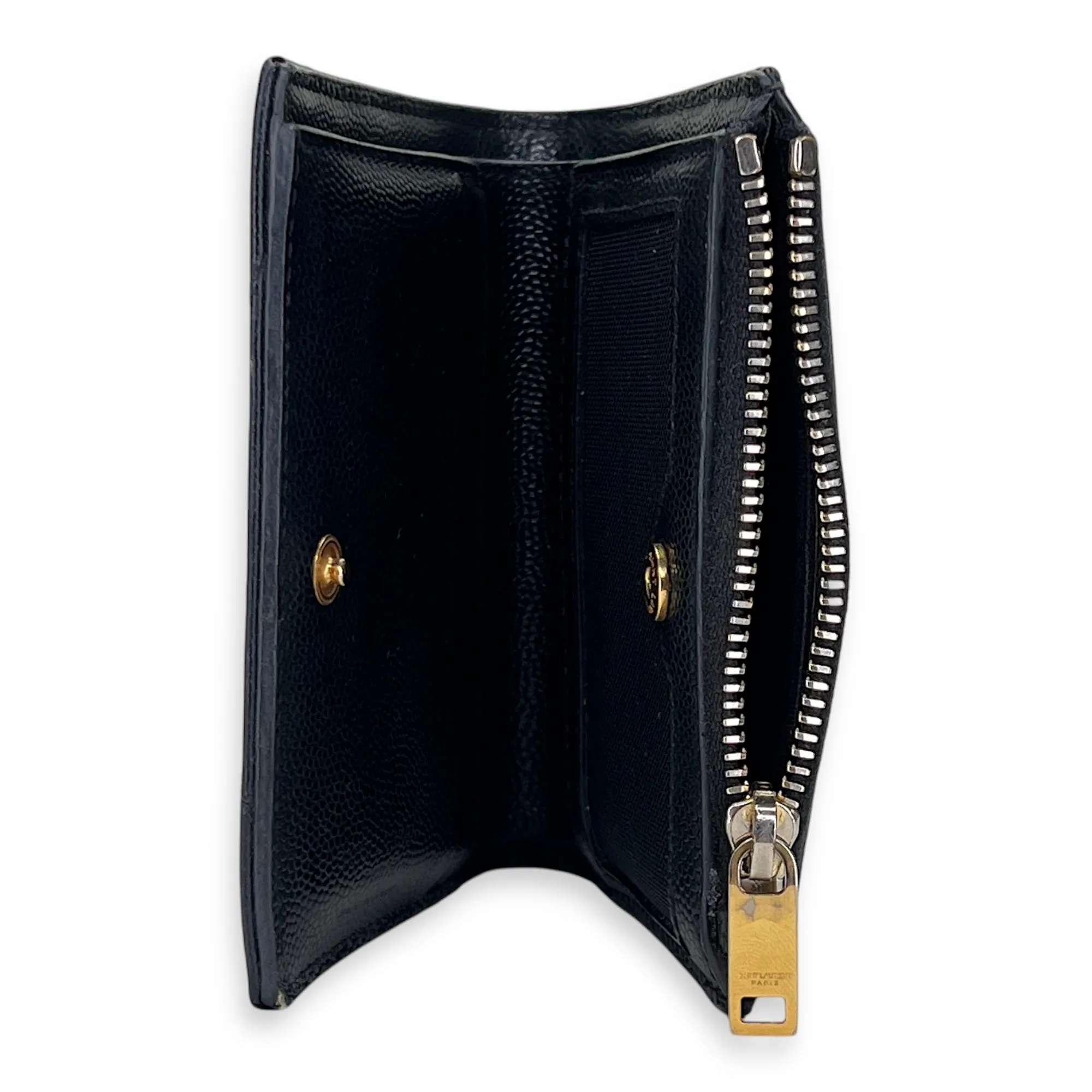 Cassandre Bi-fold Compact Zip Black Wallet in Caviar Leather, Gold hardware