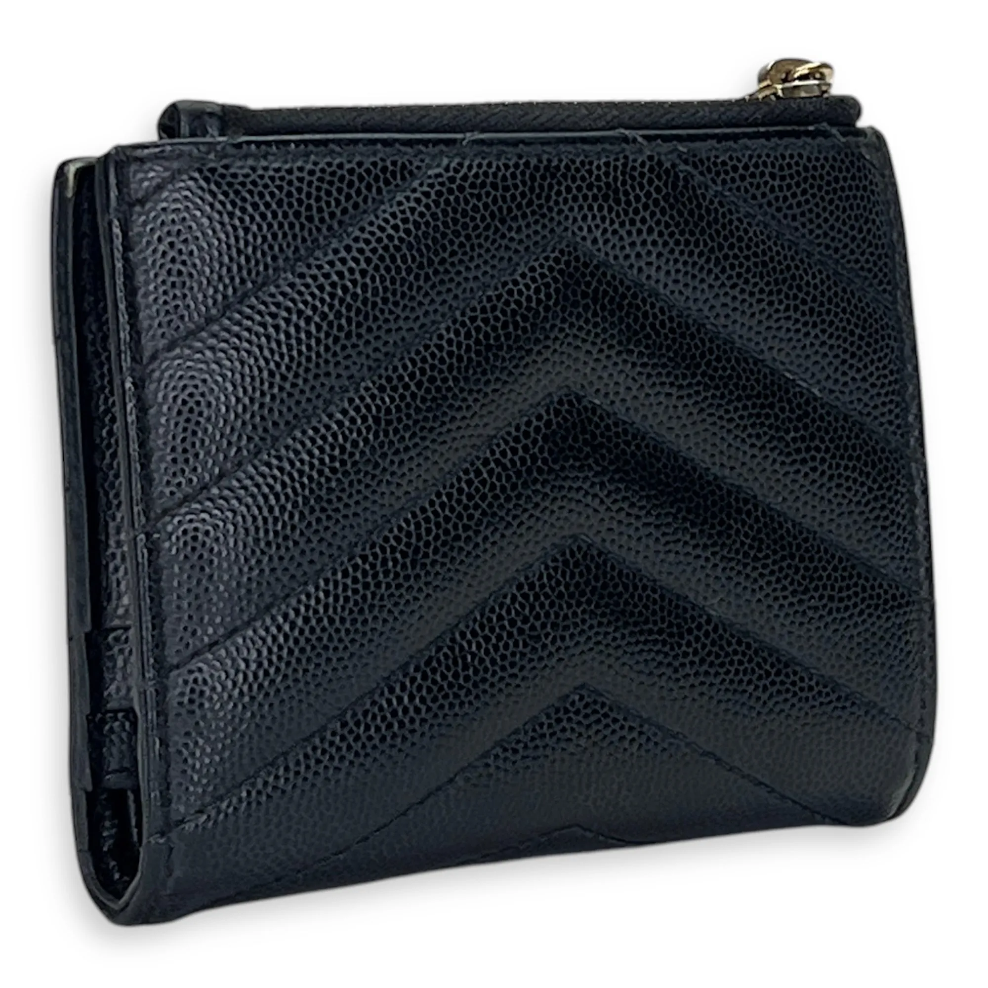 Cassandre Bi-fold Compact Zip Black Wallet in Caviar Leather, Gold hardware