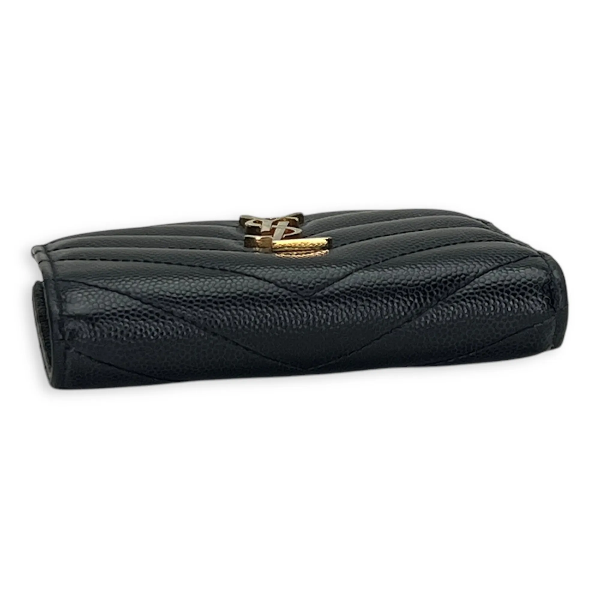 Cassandre Bi-fold Compact Zip Black Wallet in Caviar Leather, Gold hardware